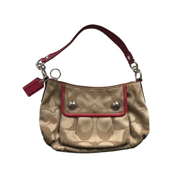 Y2K Coach Signature Shoulder Bag 13833 Tan "C" Canvas Red Leather Trim Hobo Logo - Picture 12 of 13